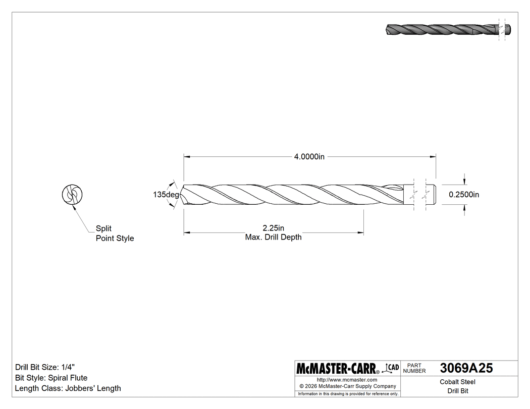 Technical Drawing of Cobalt Steel Drill Bit, 1/4" Size.